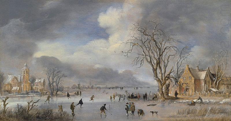 A winter landscape with skaters and kolf players on a frozen river, Aert van der Neer